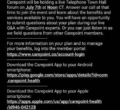 Health Care Branded P2P MMS Text Alert for health plan member outreach with links unlimited characters